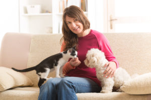 little maltese dog and black and white cat sitting with owner on sofa in an apartment
